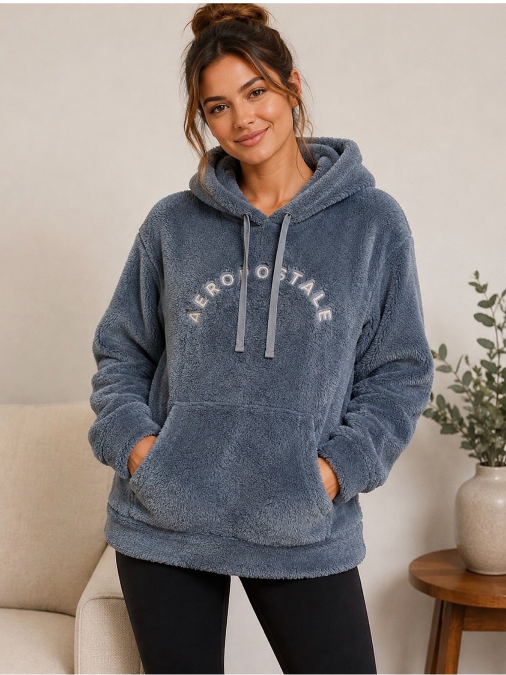 Aeropostale Women's Oversized Cozy Blue Sherpa Fleece Pullover Hoodie